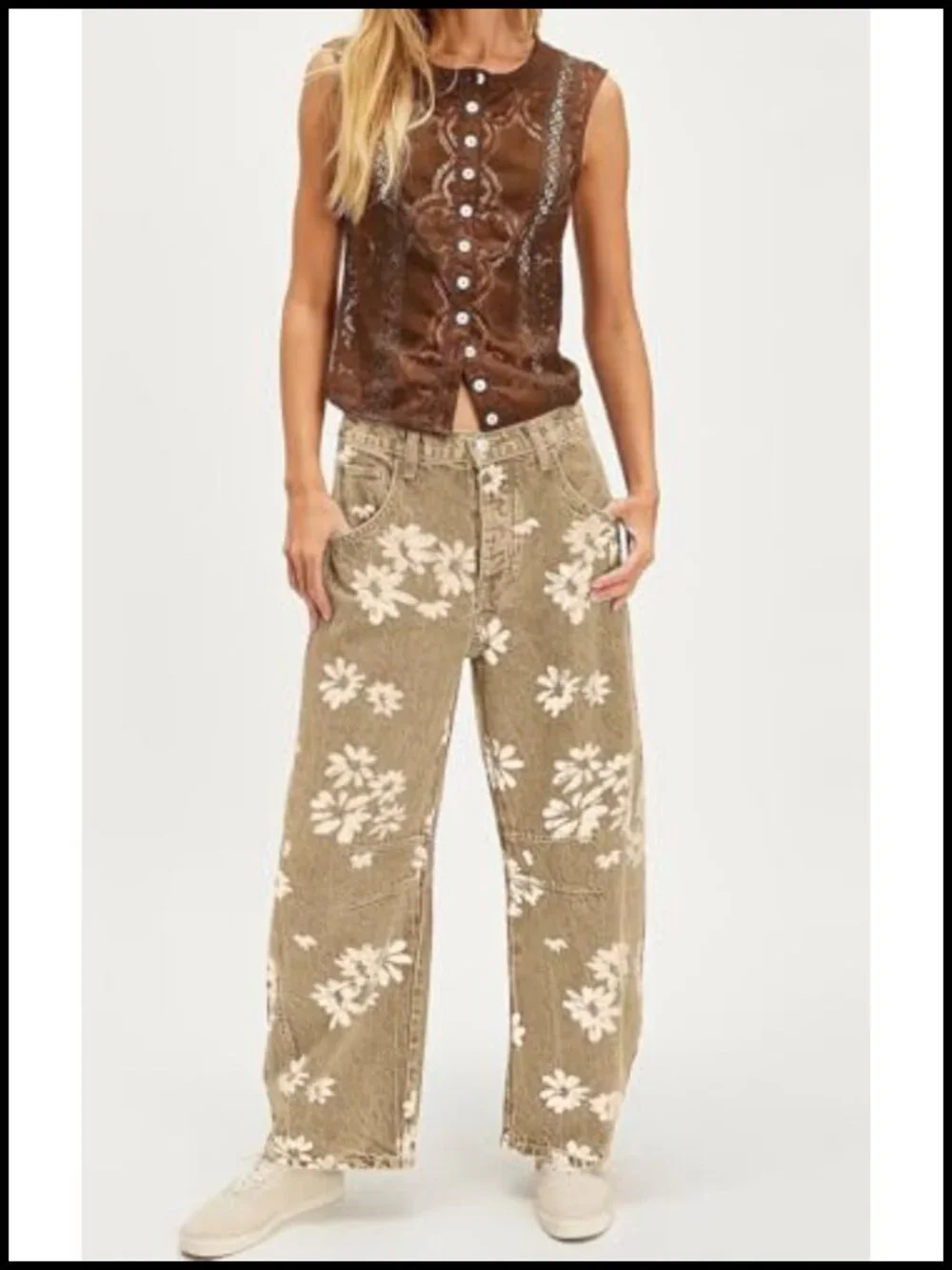 Y2k Distressed Barrel Jeans Baggy Wide Leg Floral Printed Boyfriend Patchwork